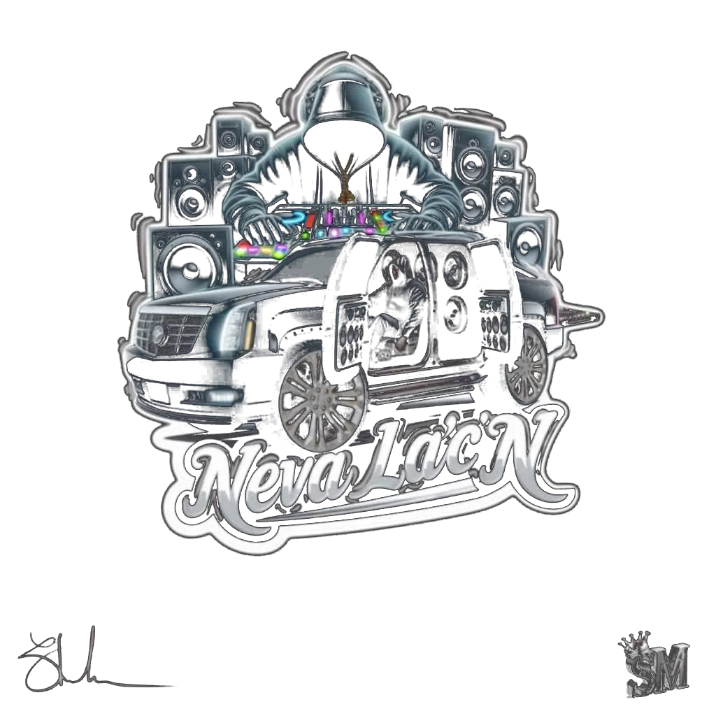 Neva Lac'N: a black Escalade with doors open, packed with speakers, a hooded DJ on the decks behind it